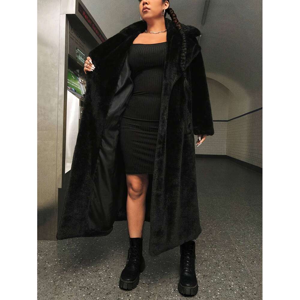 Solid Color Faux Fur Coat, Elegant Lapel Collar Long Sleeve Longline Coat For Fall & Winter, Women's Plus Size Clothing