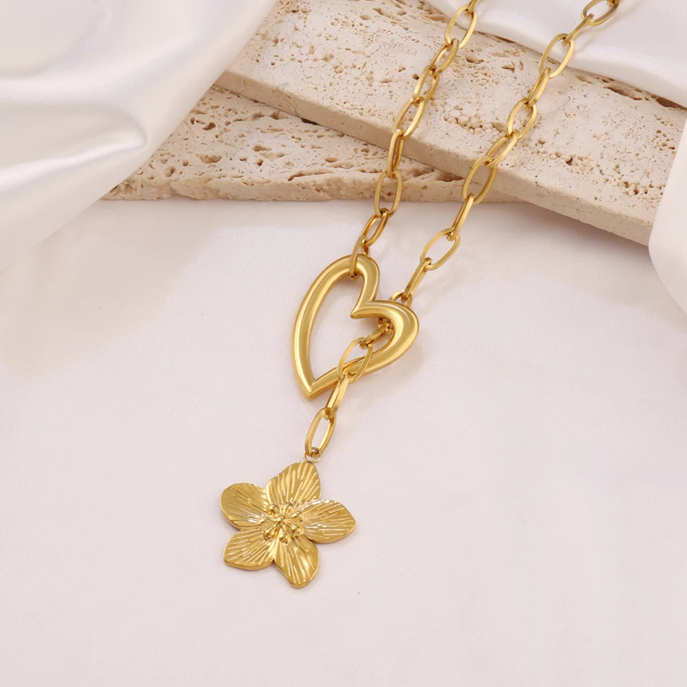 316L Stainless Steel Flower Pendant Long Chain Necklace For Women Punk Heart Charms Chain Necklaces Jewelry 251031