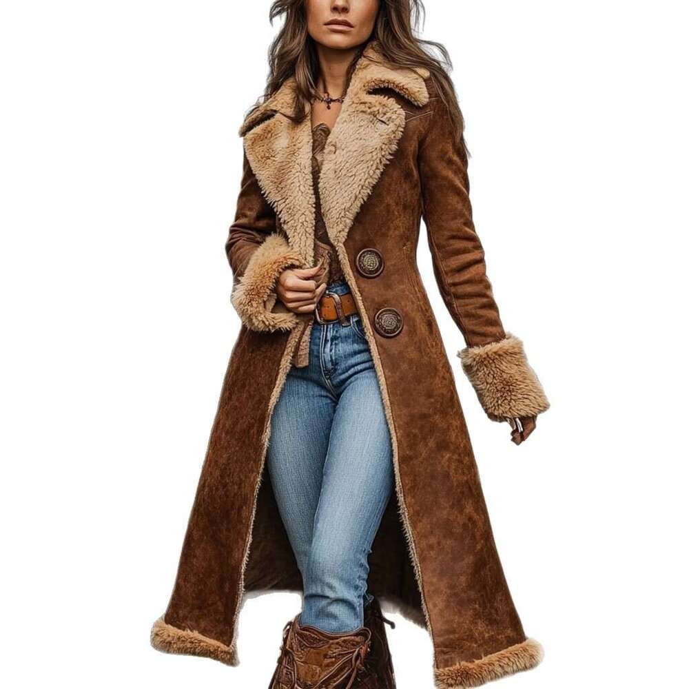Cross-Border European and American Denim Women's Western Retro Trench Coat Furry Autumn Winter Fashion Warm Jacket