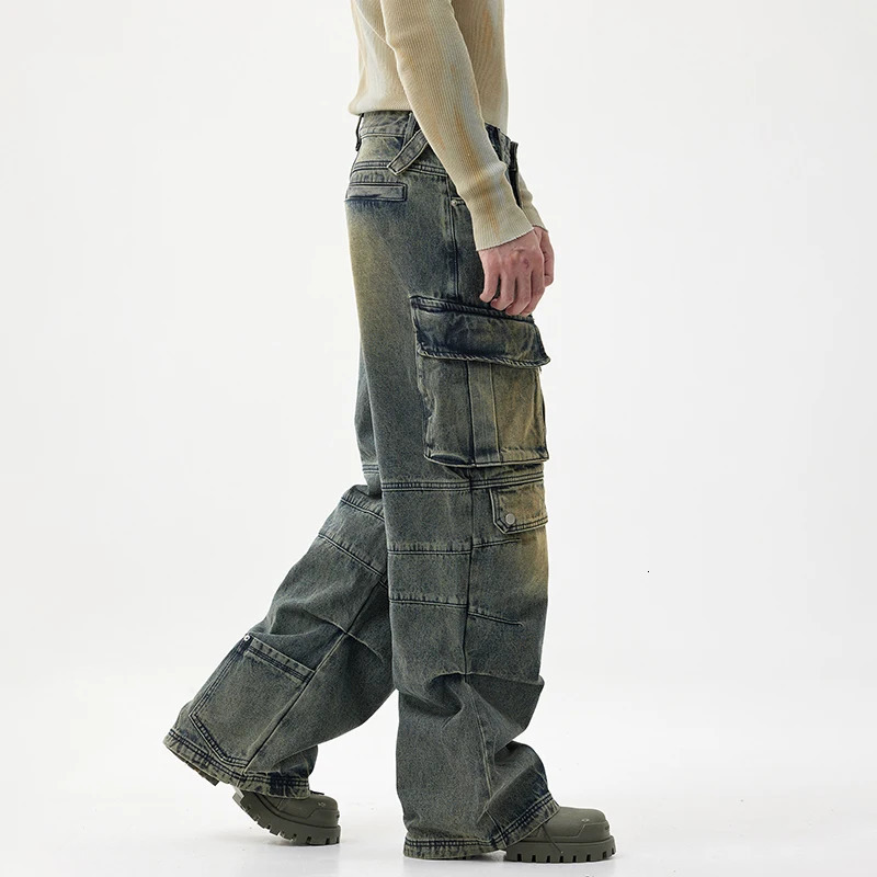lightweight American street heavyweight jeans mens fashion retro multi pocket work pants mens loose wide leg pants 250402