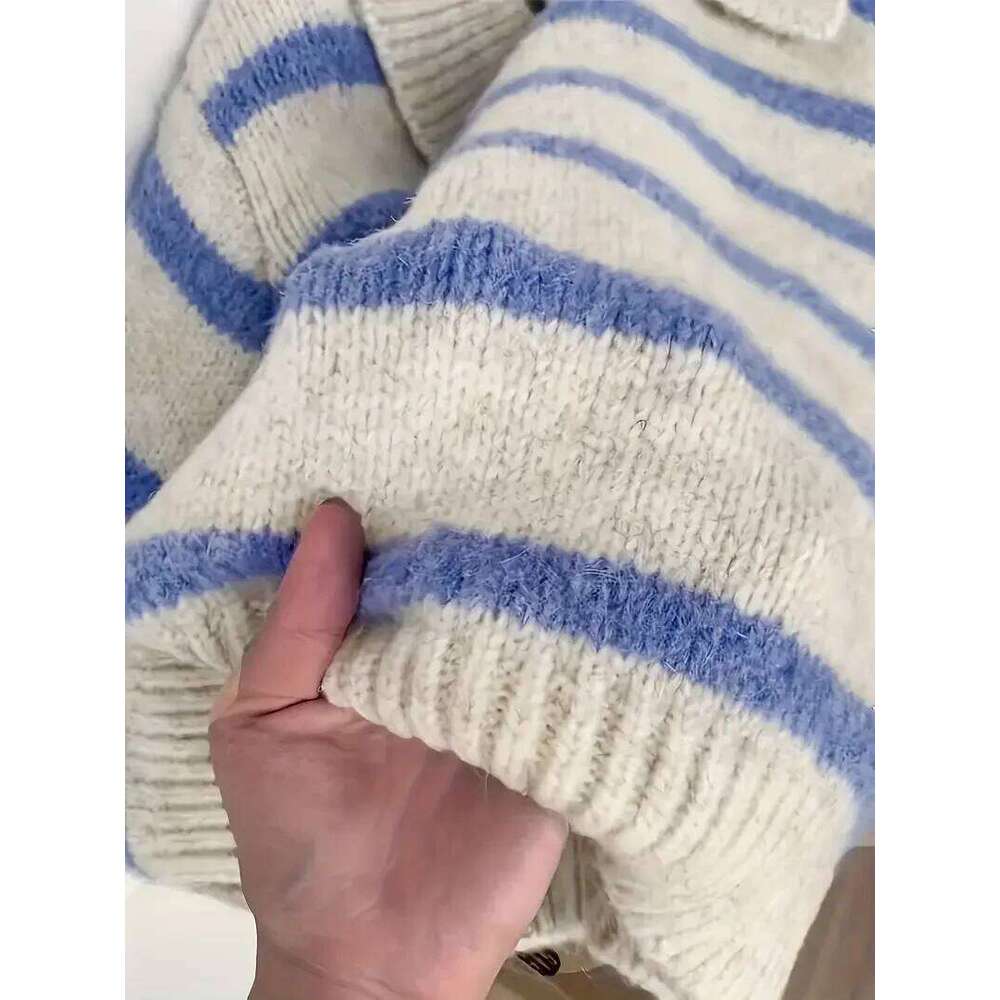 Women's Fashion Casual POLO Collar Striped Knitted Hoodie Soft And Comfortable Intercolor Sweater Women Sweater Designer Sweater Women