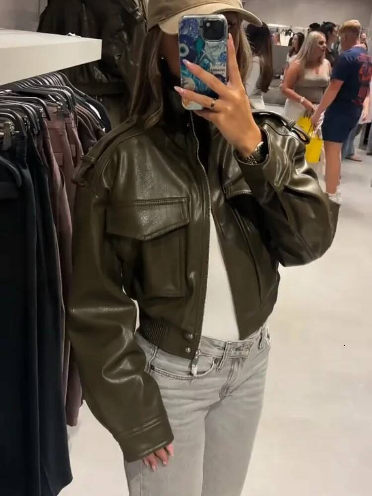 winter jacket women Autumn Leather Bomber Jackets Women Chic Y2K Long Sleeve High Collar Zipper Motorcycle Coats Lady Street Cropped Outerwear