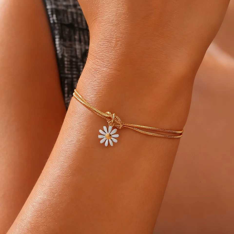 Enamel Flower Charm Bracelet Stainless Steel Gold Color Adjustable Love Knot Double Snake Chain Women Cherry Blossom JewelryXJ251105