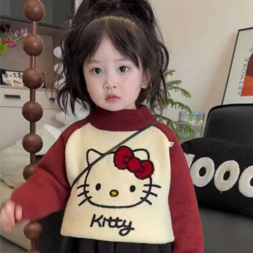 Sanrio Sweet Style Little Girl Color Block Cartoon Hello Kitty Thickened Sweater Autumn Winter New High Neck Warm Knitted Sweater for Girls H251105