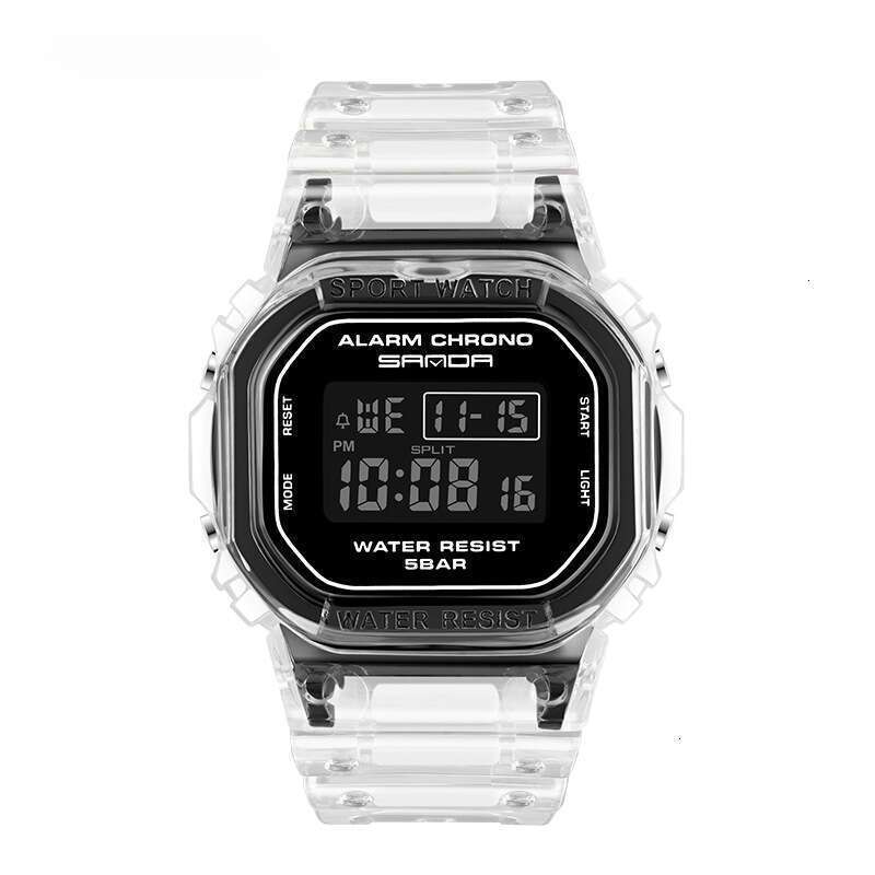DHwatches Sanda Square Transparent Strap Electronic Watch Multi-Function Luminous Waterproof Outdoor Sports Student Wristwatch