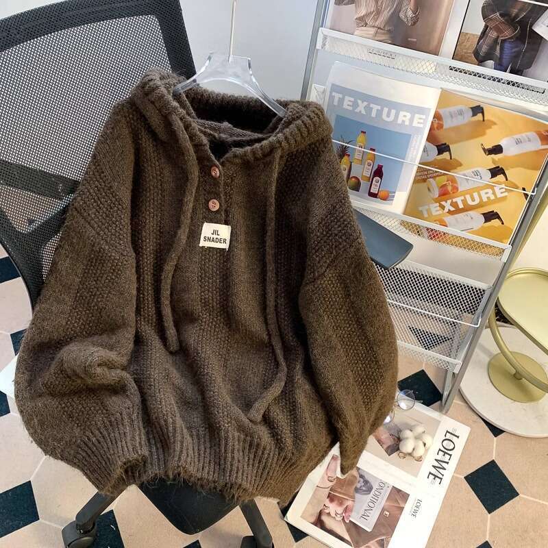 Lazy Style Gray Hooded Sweatshirt Women New Hot Autumn Winter Knitted Long Sleeve Top B5