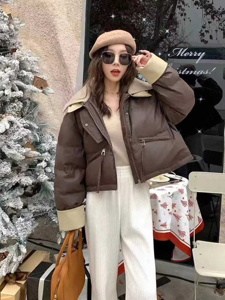 Winter Big Lapel Knitted PU Splicing Down Jacket Female Zipper Pocket Puff Quilted Jackets Women White Duck Down Parker OutwearsT251105