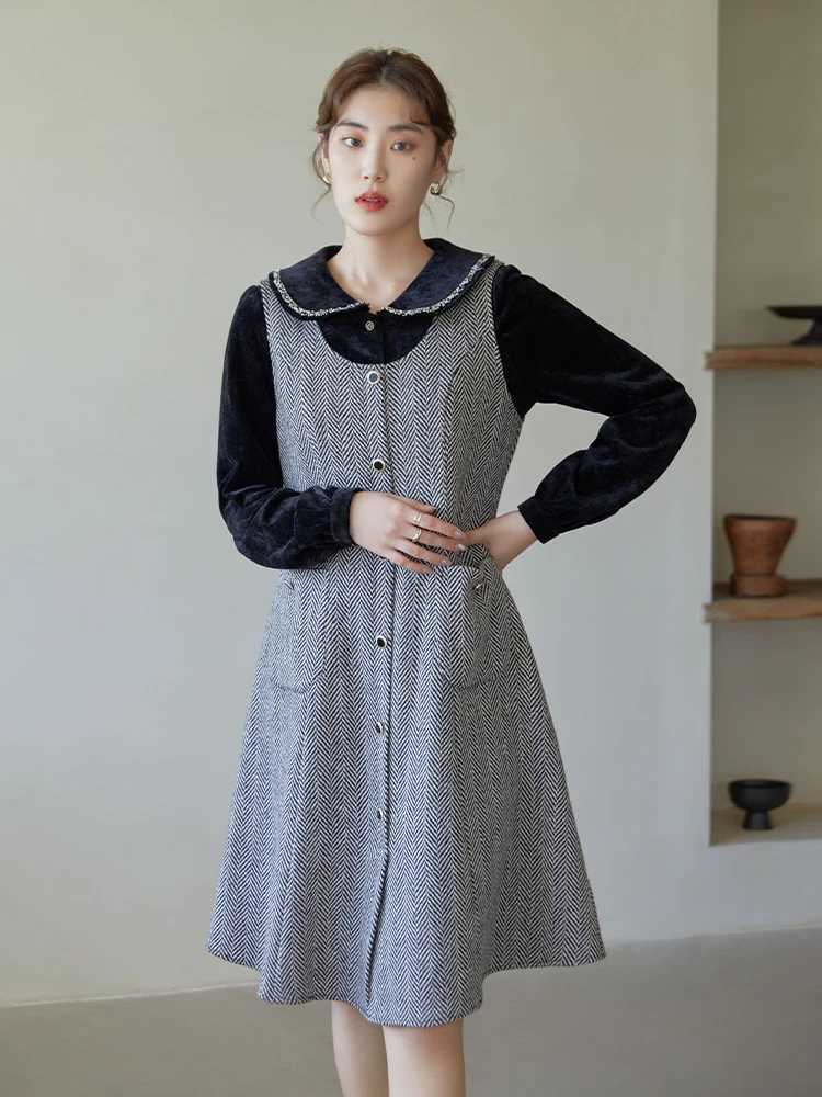 DUSHU Womens Retro Plaid U-neck Vest Skirt Pocket Design Button Placket Design Long Woolen A-line Dress Women Winter Dresses J251105