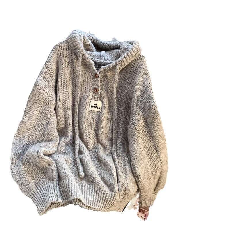 Lazy Style Gray Hooded Sweatshirt Women New Hot Autumn Winter Knitted Long Sleeve Top B5