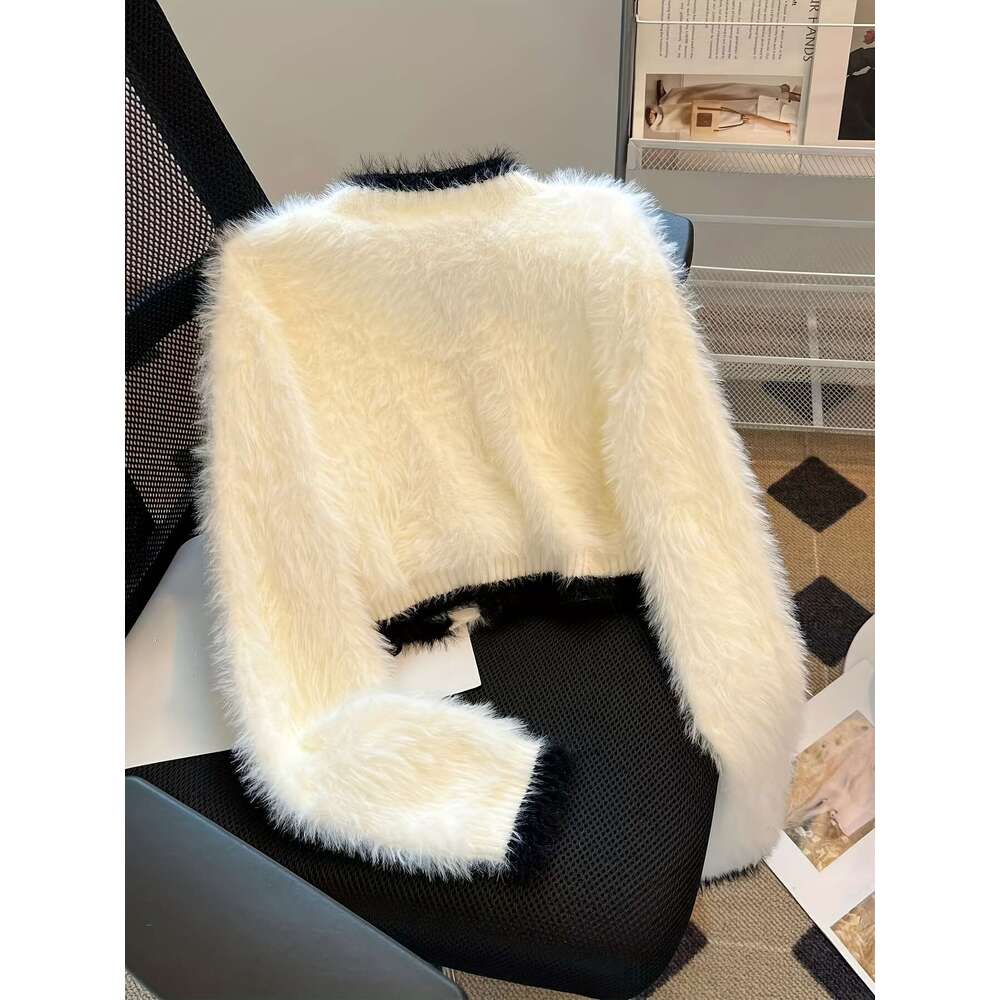 Women's Winter Plush Sweater - Soft Faux Fur Lined Thick Warm Pullover, Round Neck Long Sleeve Casual Chic Top For Cold Weather