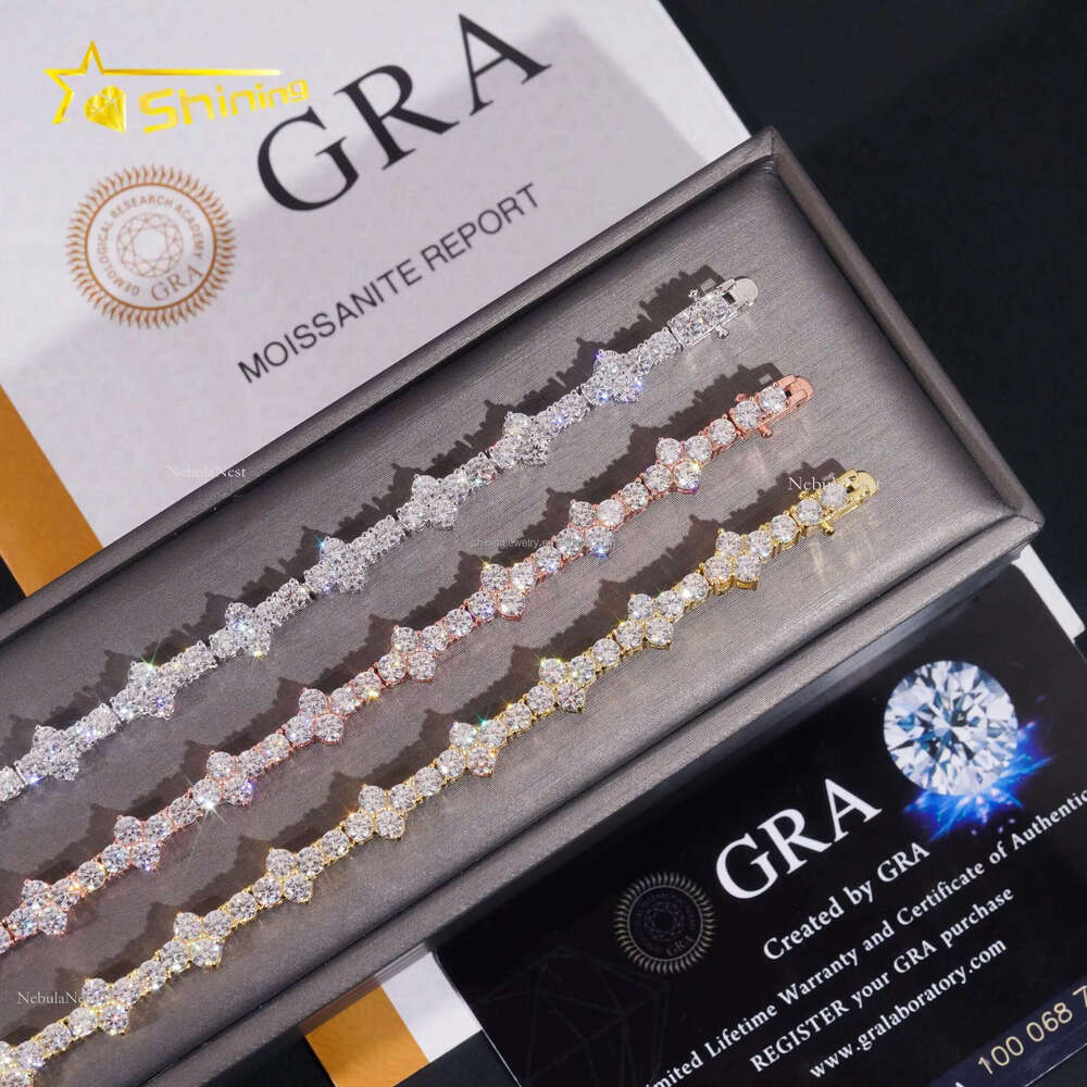 Stylish New Arrival Fashion Femme Design Sier VVS Moissanite Dia Iced Out Four Leaf Clover Cross Tennis Chain Bracelet