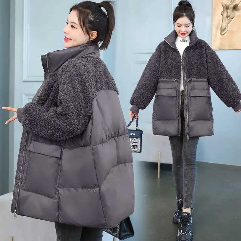 Down Jacket Womens Mid-Length 2025Winter New Cotton-Padded Coat Loose Outwear Lamb Fleece Thickened Jackets Female Overcoat TopT251105