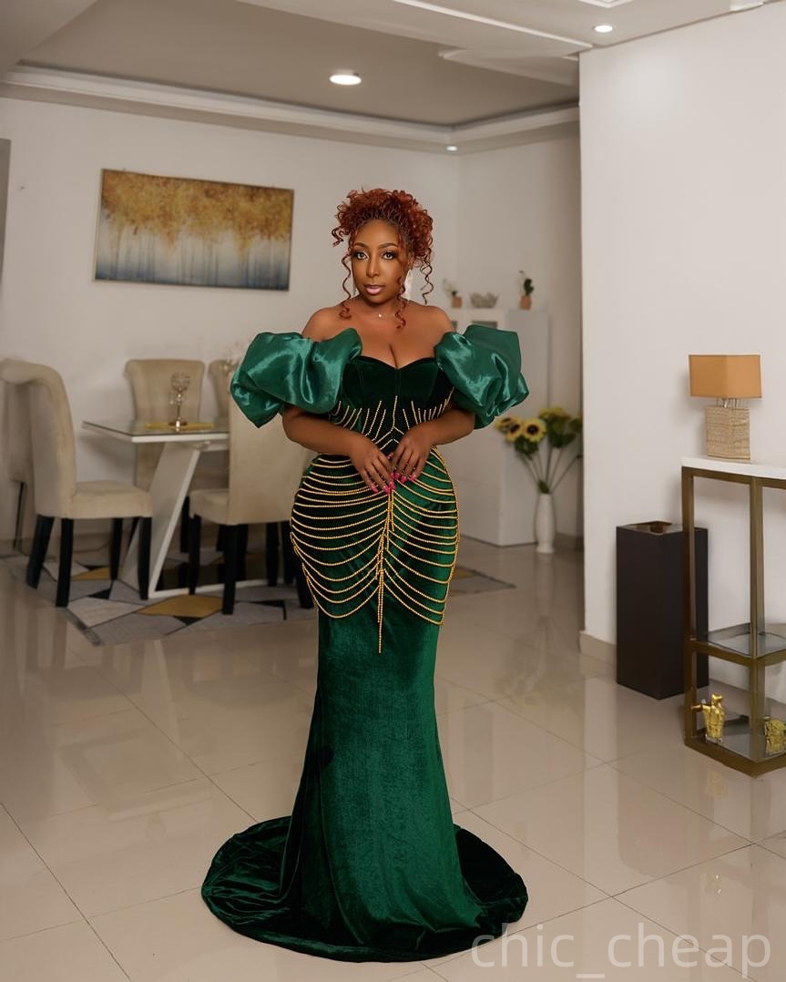 Mermaid Dark Green Prom Dresses 2026 Beadings Short Sleeves Velvet Evening Formal Party Second Birthday Engagement Gowns Plus Size Dress For Special O