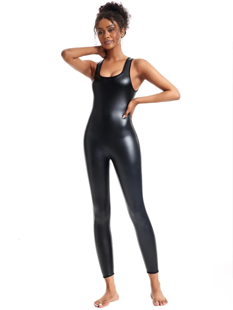 Sexy lingerie womens onepiece sleeveless Teddies stretch jumpsuit Bodystocking Rave Party Clubwear synthetic leather bodysuit 250324