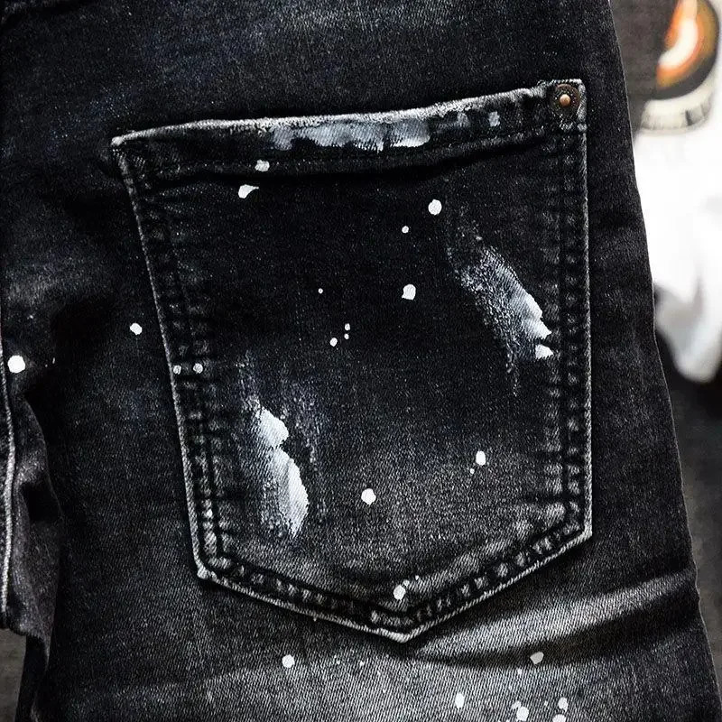er clothing mens casual denim knee length shorts summer fashion black patch painted jeans mens shorts 250402