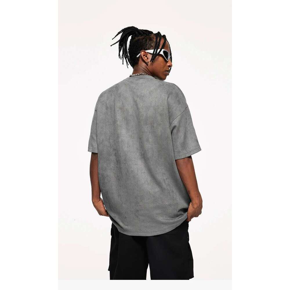 High Street Faux Suede T-Shirts Men Streetwear Oversized Tees Unisex