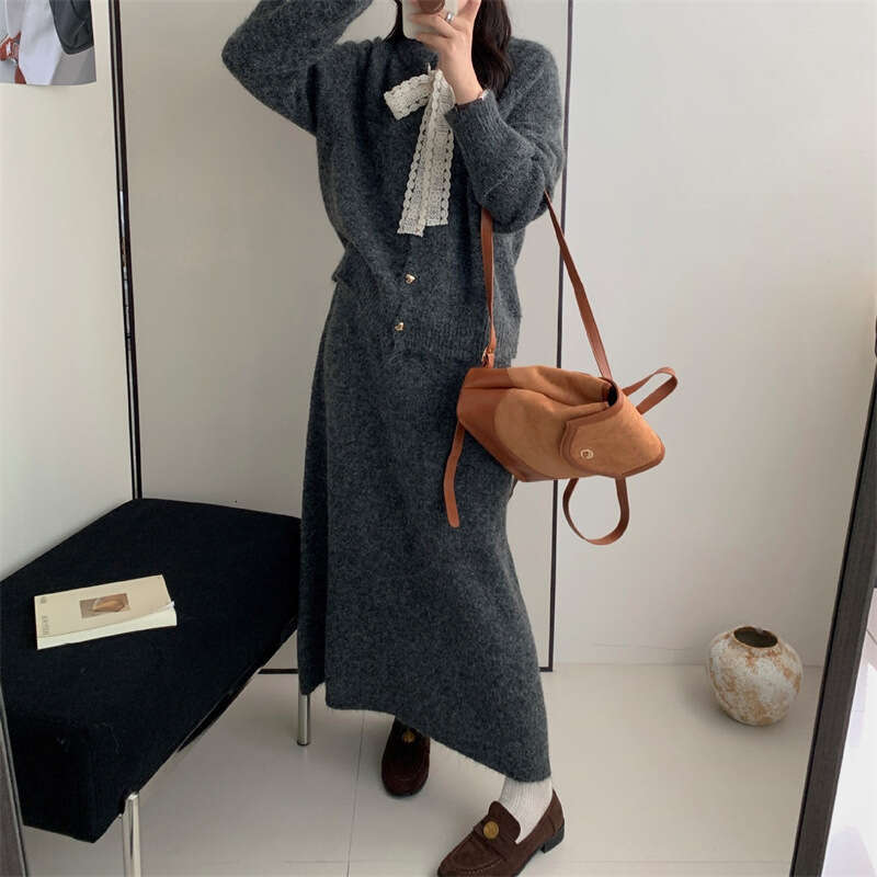 Gentle Temperament for Women, Autumn and Winter 2025 New Lace-Up Sweater A-Line Knitted Skirt Solid Color Two-Piece Set
