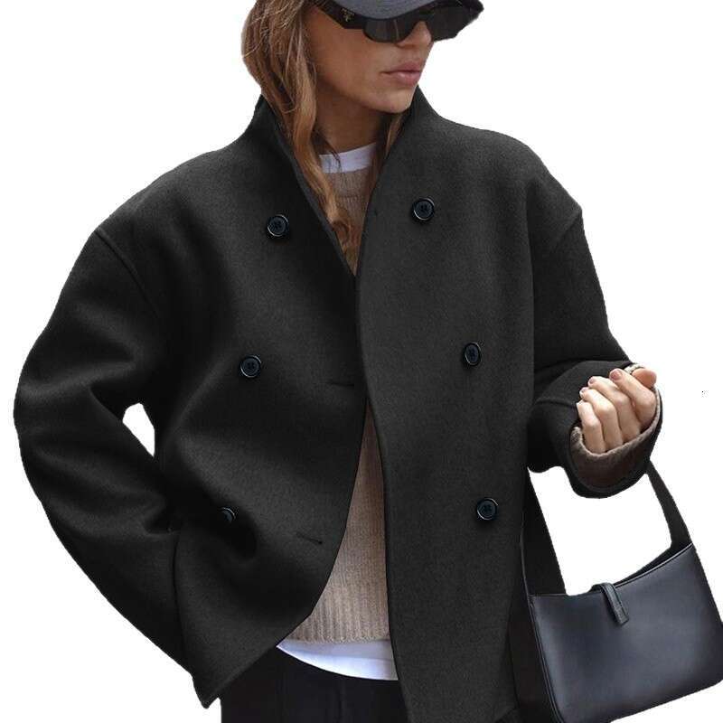 European Size Cross-Border In-Stock Double-Breasted Solid Color Wool Coat Casual Elegant British Style Versatile Women's Top