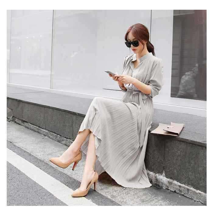 Chiffon Long Sleeve Spring New Slim Waist Slimming Korean Style Elegant Pleated Dress B5
