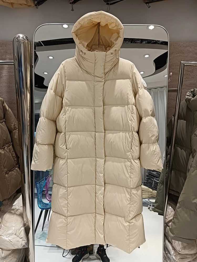 Winter Waterproof Puff Hooded Down Jacket Female Zipper Long Parker Outwears Women White Duck Down Warm Knee Length Down JacketsT251105