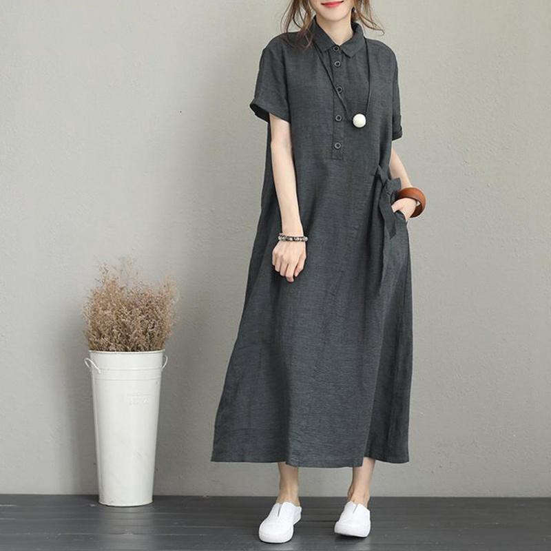 Cross-Border New POLO Cotton Linen Turn-Down Collar Short Sleeve Loose Pocket Elegant Women's Casual Dress B5