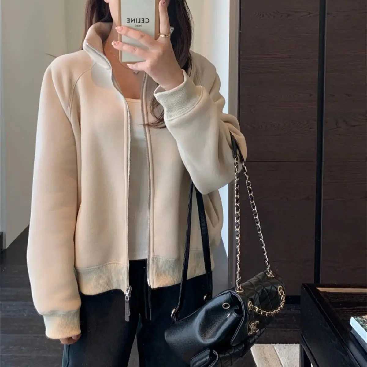 Women Autumn Winter Sweatshirt Coat Zip Up Solid Long Sleeve Stand Neck Jacket Lady Fashion Casual Street Vintage Coats OutwearT251105