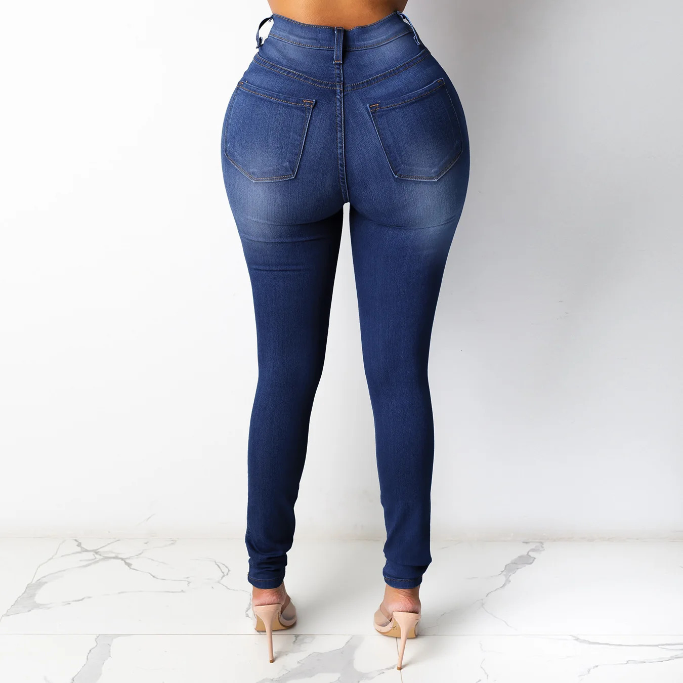 High waisted denim long jeans retro solid tight fitting womens office ladies Trouser pencil pants fashion trend clothing 250403