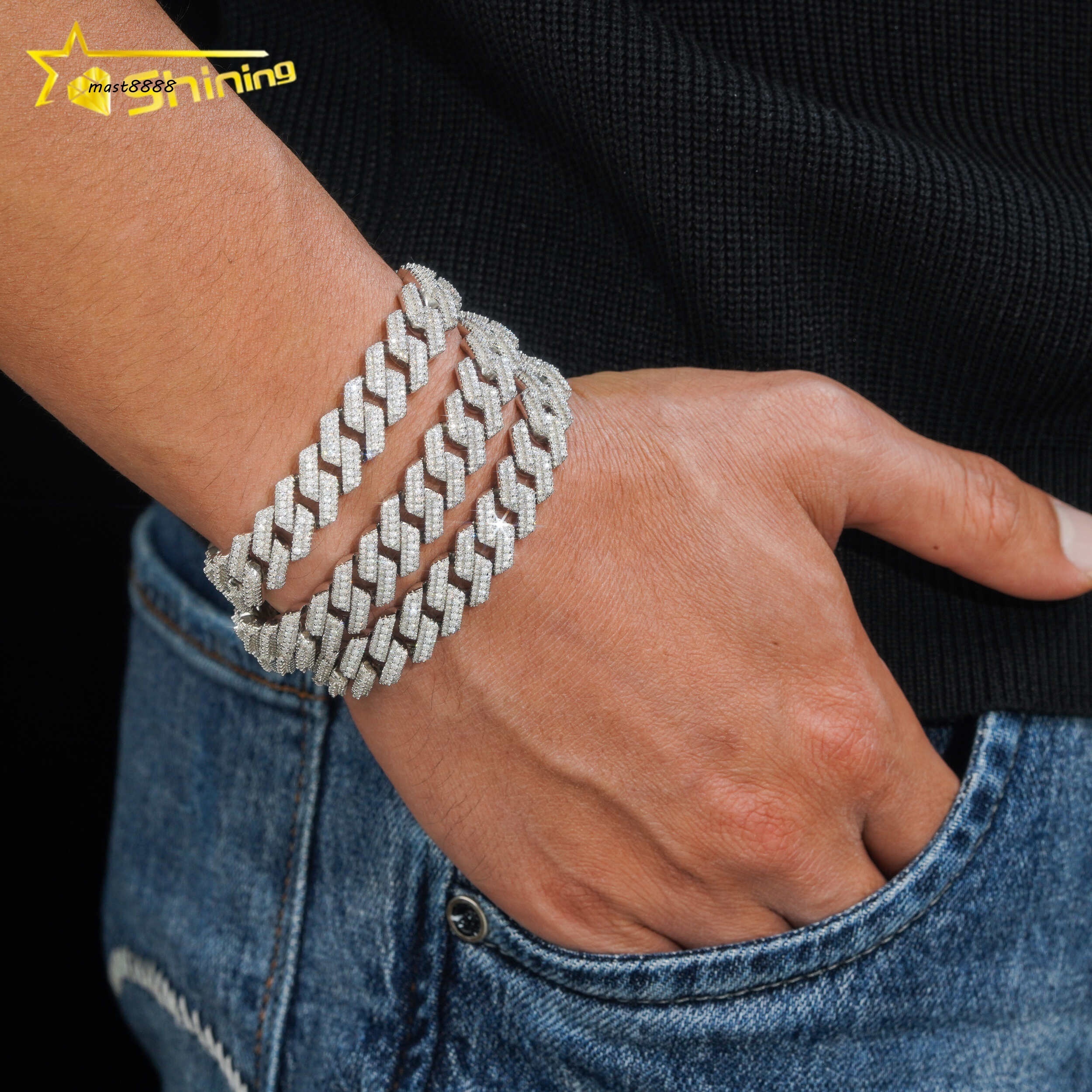 Fashion Popular Hip Hop Style 12mm Moissanite Cuban Link Chain 925 Silver Men Vvs Diamond Bracelet
