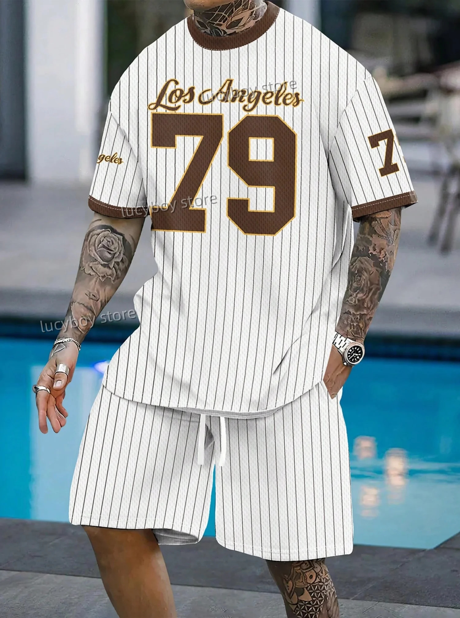 LOSANGELES 79Printed Sport T-shorts Suit Set MenAmerican High Tracksuit Outfit Summer Oversized 2-piece Set 250403