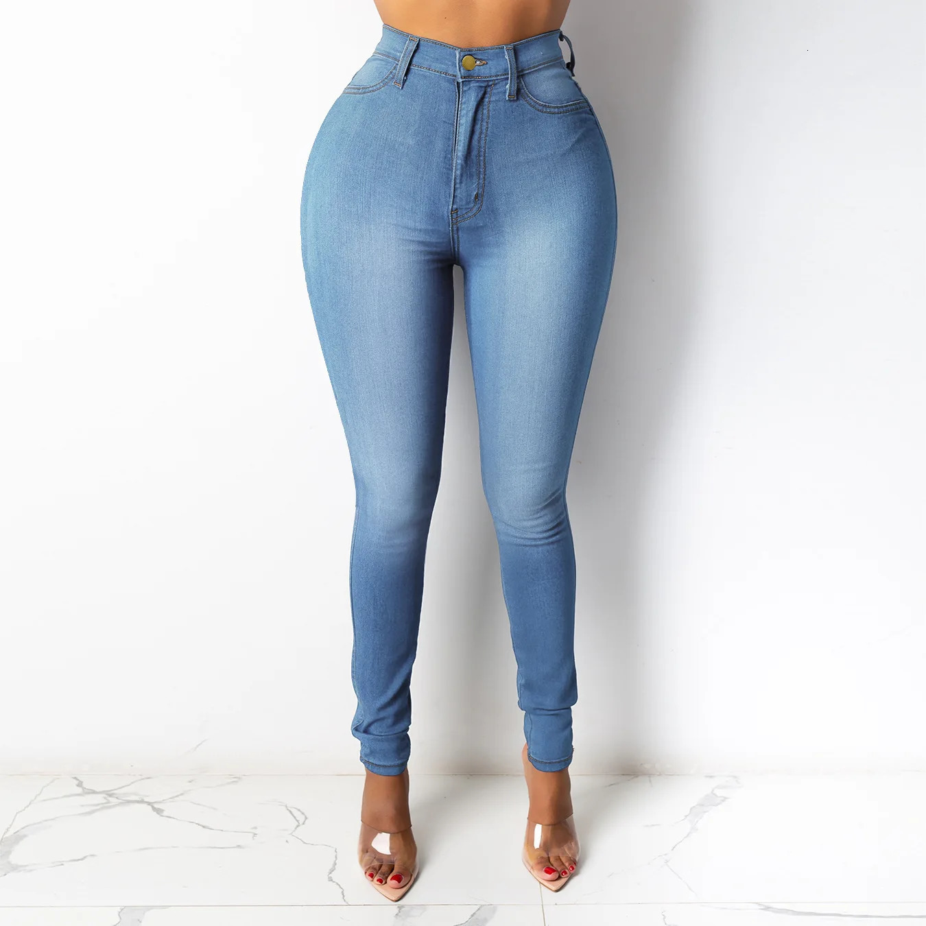 High waisted denim long jeans retro solid tight fitting womens office ladies Trouser pencil pants fashion trend clothing 250403