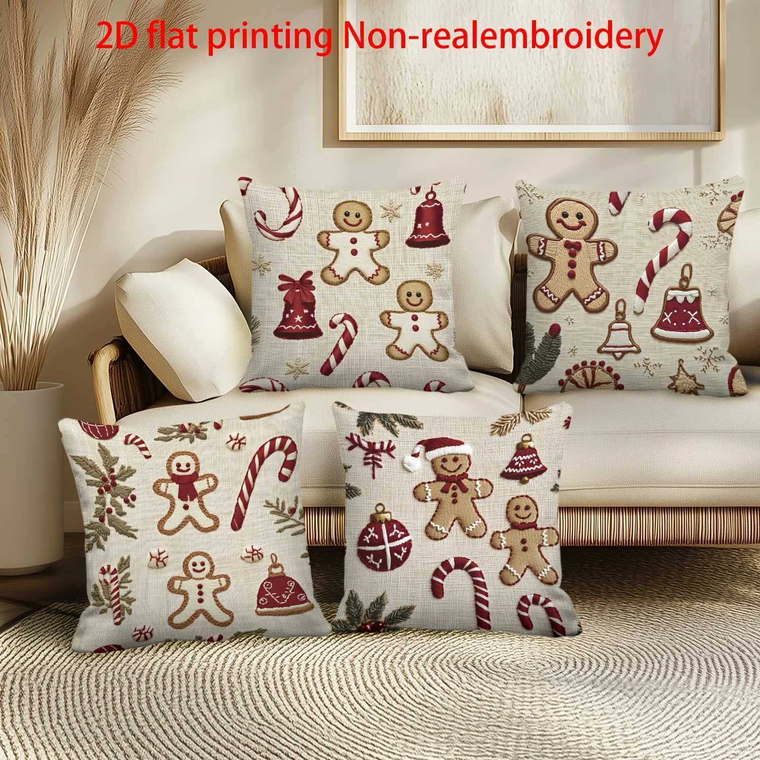 4pcs Christmas Gingerbread Pillow Covers Bell Candy Cane Print 2D Polyester Zipper Closure for Sofa Decor Y251105
