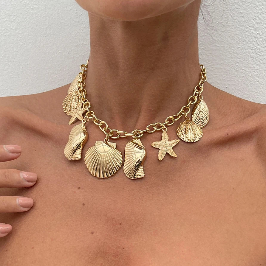 Ingemark Creative Metal Starfish Scallop Pendant Choker Necklace for Women 2025 Fashion Metal Chain Summer Beach Jewelry 251031