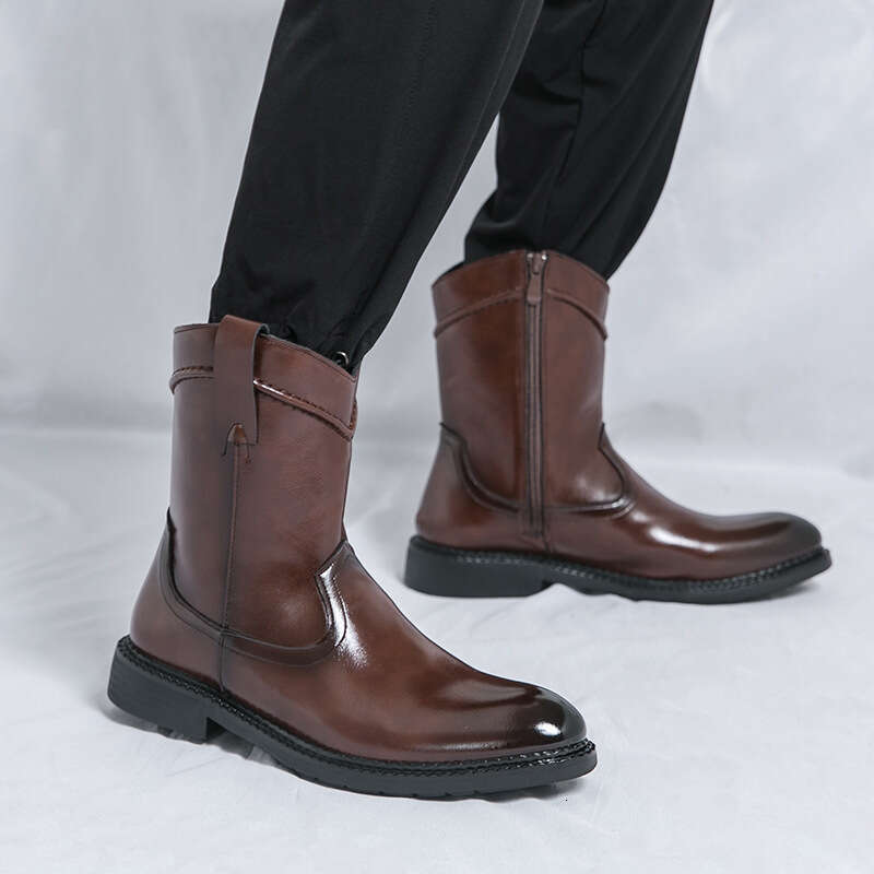 Large cowboy high top leather shoes, 2024 autumn and winter new Chelsea boots, pointed men's boots