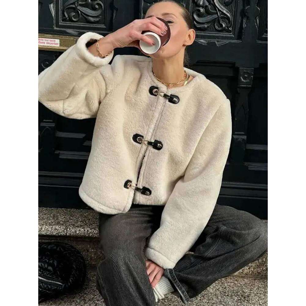 HH Woman Autumn Casual Fur Coats Long Sleeve O-Neck Single Breasted With Pockets Loose Jacket Female Winter Warm Short Coat