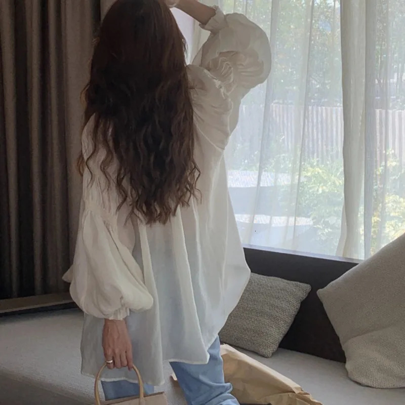 OceanLOVE V-neck Womens Shirt and Shirt Solid Color Korean Fashion Elegant Blue Womens Spring Autumn Sweet Carmicha Top 250402