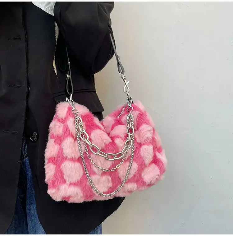 Y2k Pink Love Underarm Bags Soft Plush Heart Pattern Ladies Shoulder Bag Female Chain Furry Crossbody Bag Handbags 251104