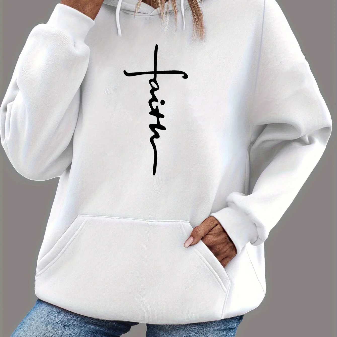 Womens autumn and winter casual loose warm cross faith pattern printed suede long sleeved hooded sweatshirtT251105