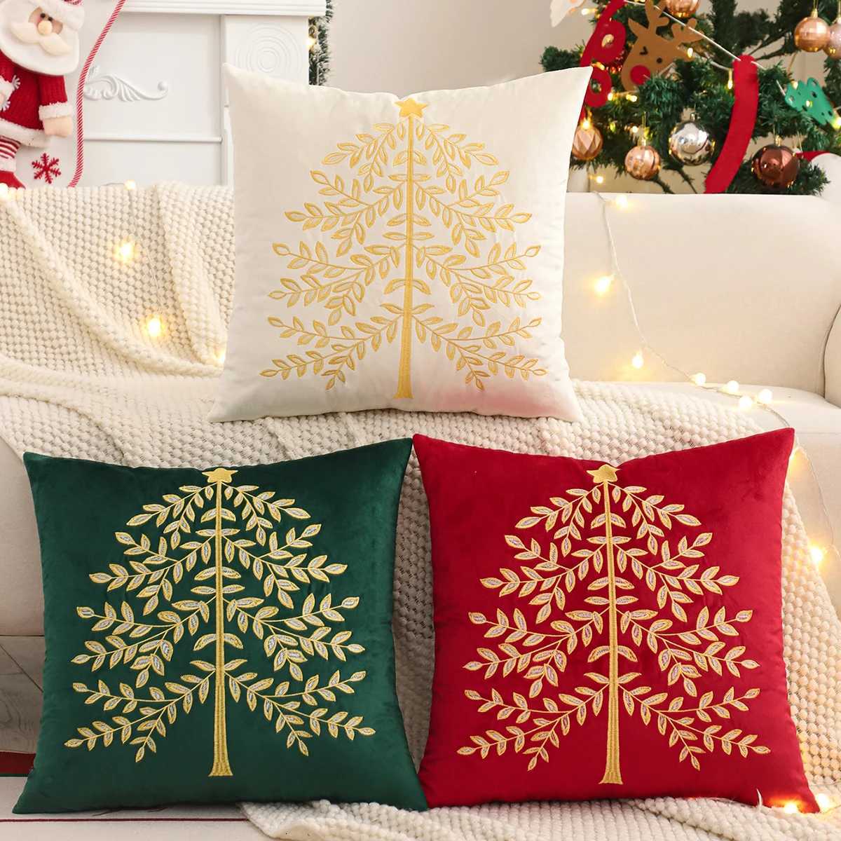 Embroidery Throw Pillow Cover Christmas Decoration Velvet Soft Christmas Tree Gold Winter Farmhouse Home Sofa Living Room Y251105