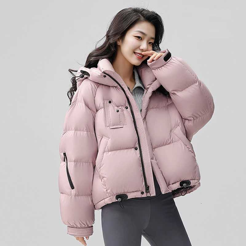 Winter Short Puff Hooded Solid Down Jacket Female Zipper Drawstring Quilted Jackets Women White Duck Down Pocket Parker OutwearsT251105