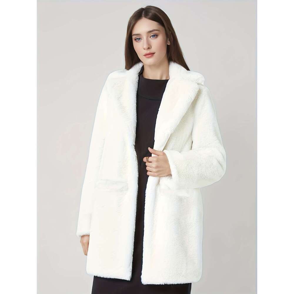 Women's Elegant Mid-Length Faux Fur - Long Sleeve, Button-Up Front, Pockets, Non-Stretch Fabric, Solid Color, Winter Coat For Fall & Winter, Casu