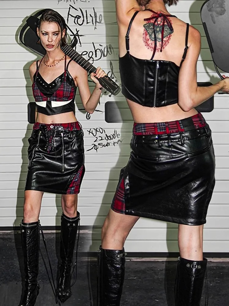 Lautaro Spring Summer Cool Plaid Patchwork Pu Leather Mini Womens Lace Punk Street Clothing 250324