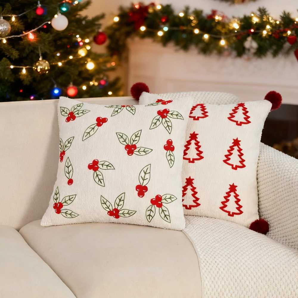 BUYNOW Solid Color Christmas Tree Jacquard Lace Pillowcase Vintage Rustic Christmas 18x18inch Cushion Cover Home Bedroom Decor Y251105