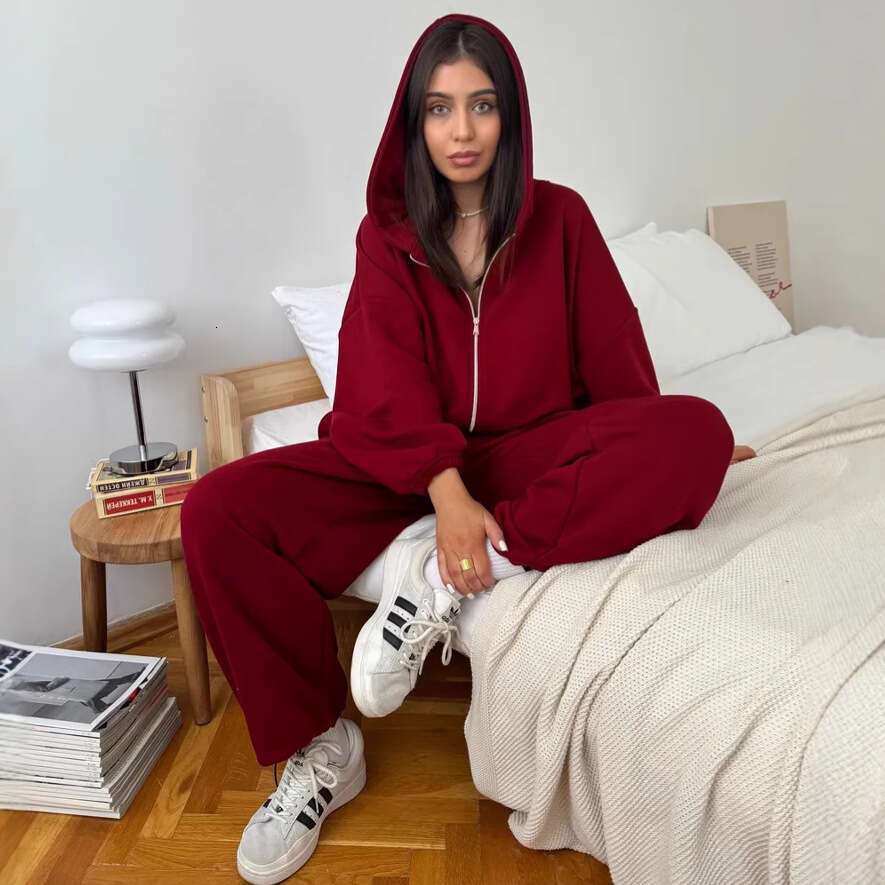 European And American Style Women's Casual Solid Color Long Sleeve Zipper Cardigan Drawstring Hooded Sweatshirt Sports Elastic Pants Two-Piece Se