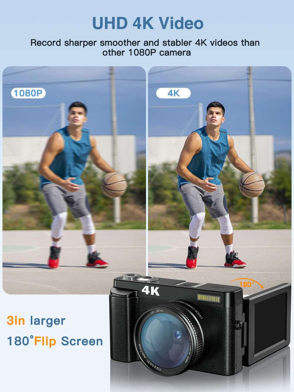 4K Digital for Photography and Video Autofocus Anti-Shake 48MP Compact Vlogging Camera 3'' 180° Flip Screen with Flash