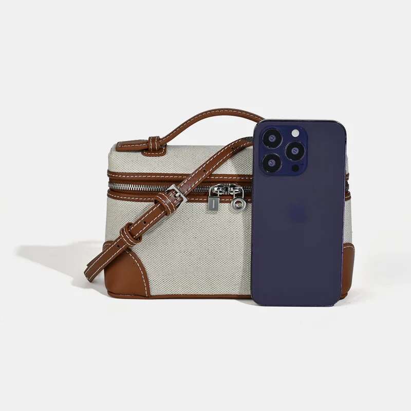 UWUW Women's Small Square Box 2025 Fashion Canvas Patchwork Leather Double Zipper Crossbody Single Bag High Quality