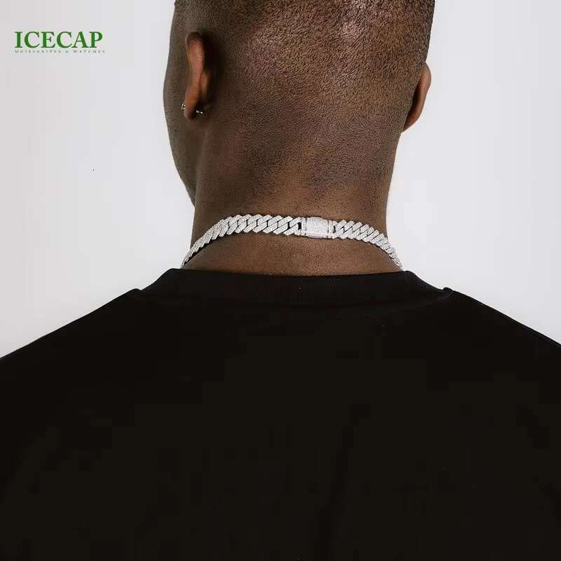 Hot Moissanite Chain Iced 15mm 12mm Pave Setting VVS Moissanite Cuban Link Chain Men Women Hiphop Necklace