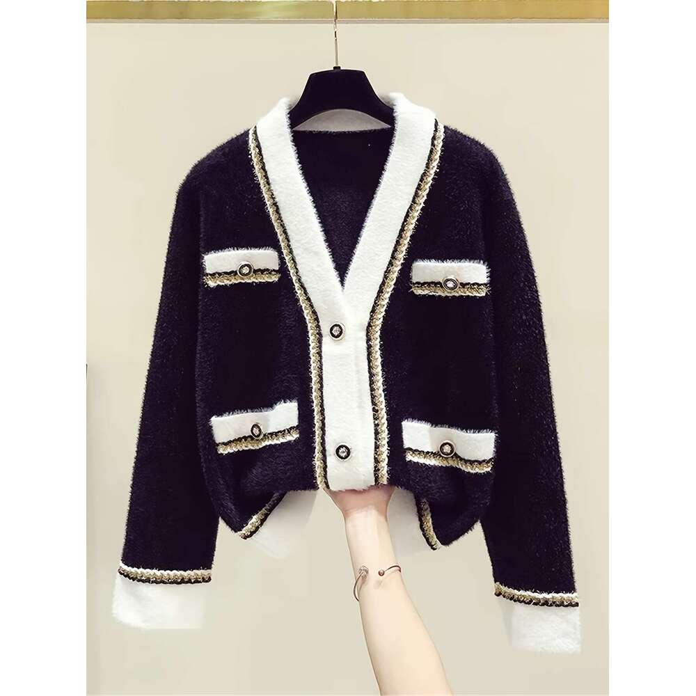 Elegant V-Neck With Button Details - Chic Faux Mulberry Fur Sweater Women, White & Black Contrast Design, Perfect For Fall/Winter, Cozy Cardigan