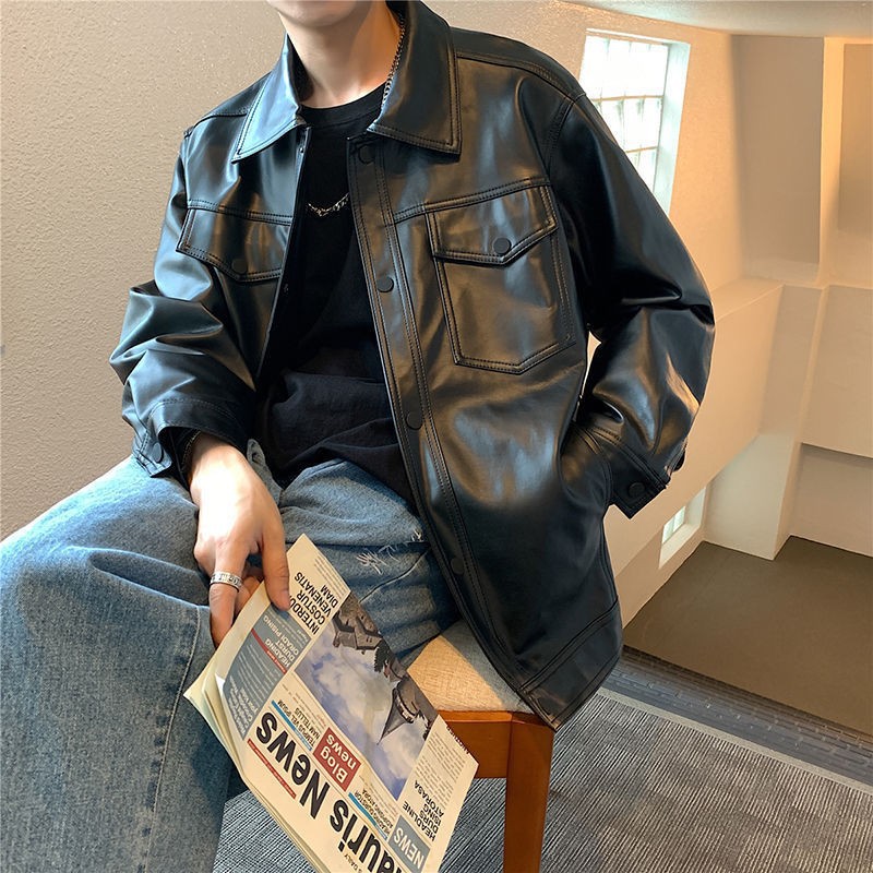 Men's PU leather jacket, street wear Y2K jacket men's hip-hop leather zipper retro motorcycle jacket Hong Kong style trend spring and autumn