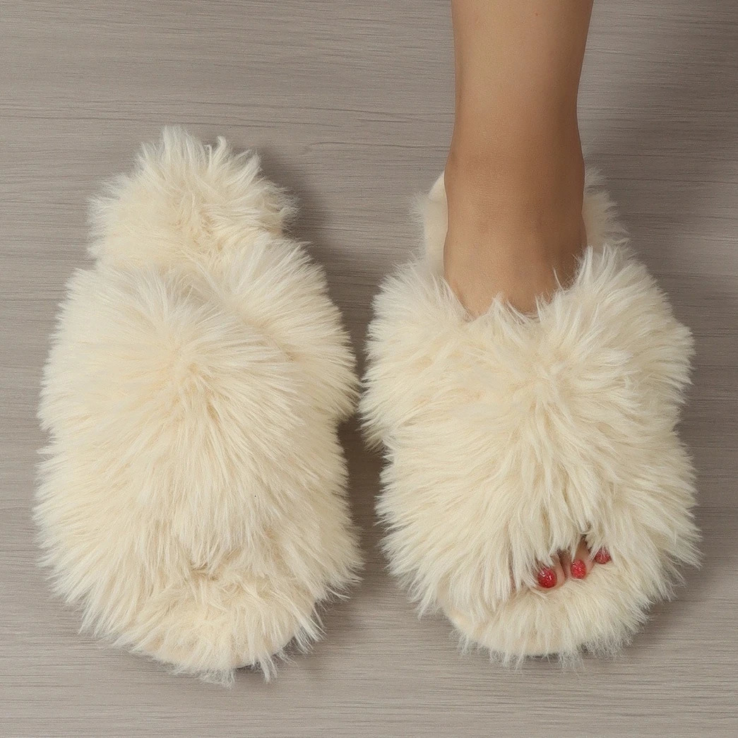 Women Fashion Home Slippers 2025 Female Flip Flops Fluffy Shoes Cross n Slides Ladies Soft Warm Plush Slipper 251031