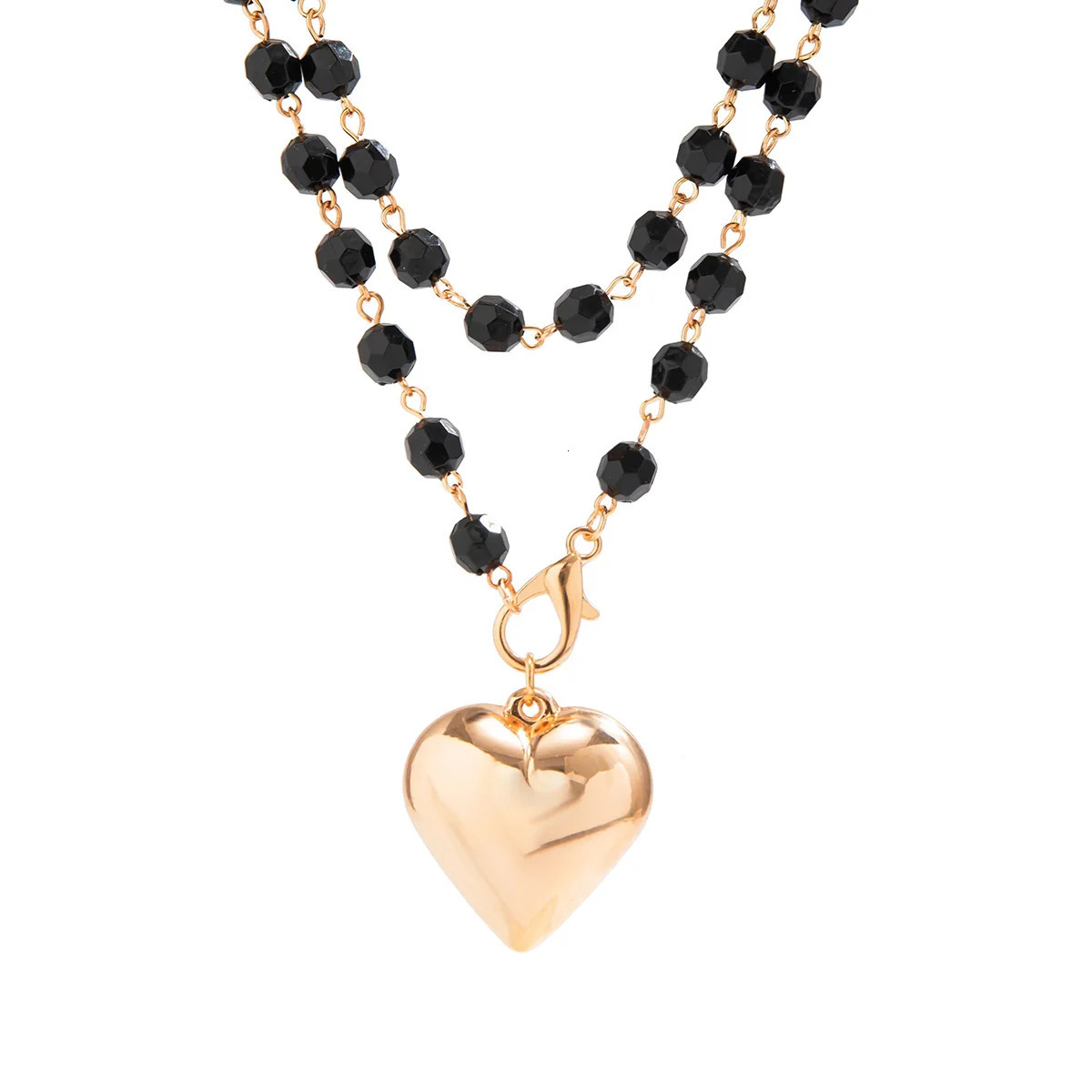 Retro Gold Color Metal Heart Shaped Pendant Necklace Women Simple Creative Black Beads Girl Fashion Charm Jewelry 251031